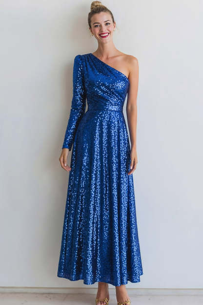 Sparkly Blue Sequin One Shoulder Long Evening Dress with Sleeves