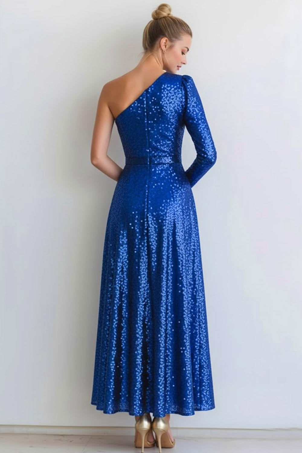 Sparkly Blue Sequin One Shoulder Long Evening Dress with Sleeves