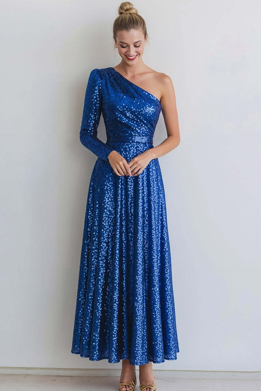 Sparkly Blue Sequin One Shoulder Long Evening Dress with Sleeves