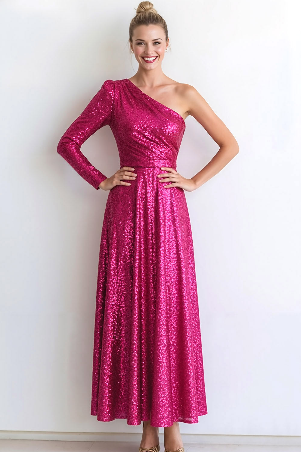 Leely Women Sparkly Blue Sequin Long Evening Dress with Sleeves One Shoulder A Line Formal Dress