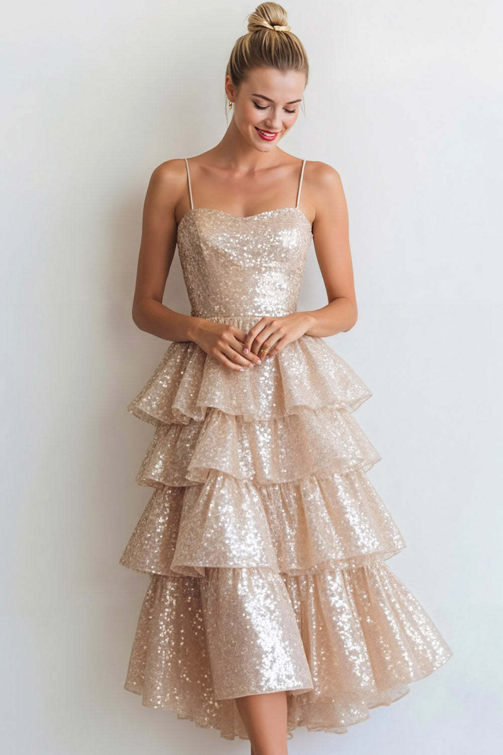 Sparkly Champagne Sequin Tiered Midi Cocktail Dress with Ruffles