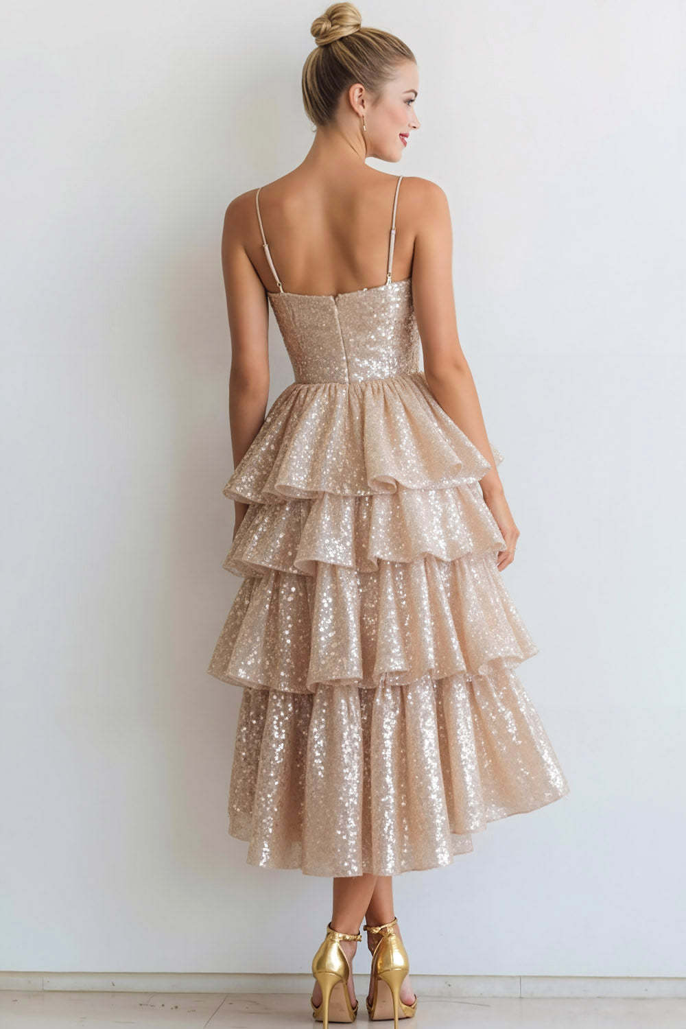 Sparkly Champagne Sequin Tiered Midi Cocktail Dress with Ruffles