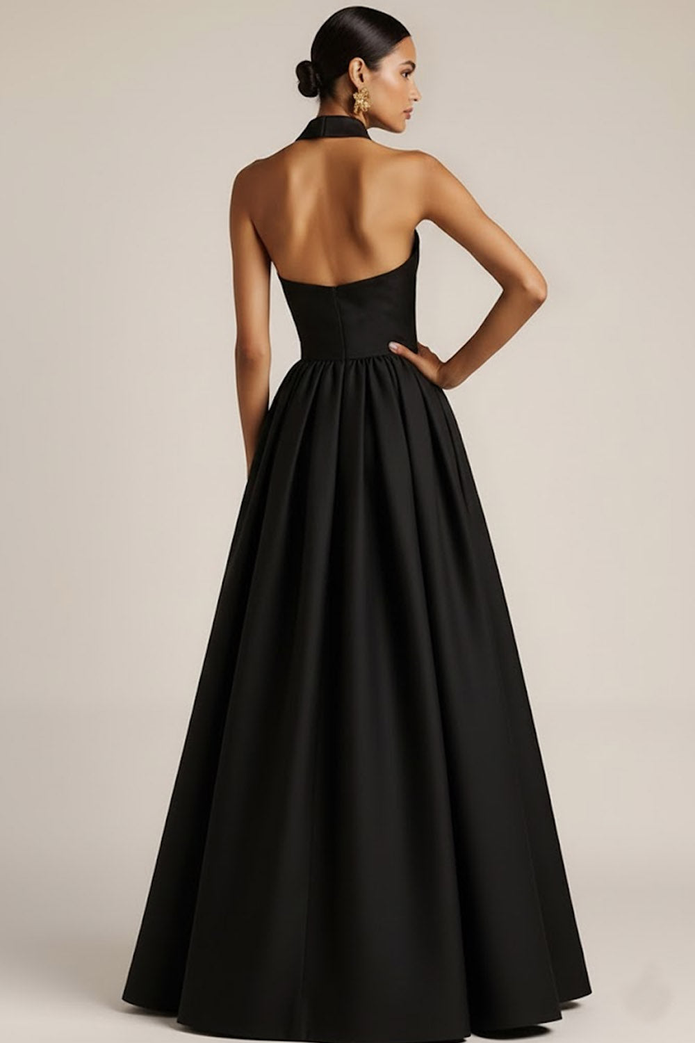 Black Collar Neck A Line Backless Long Wedding Guest Dress with Buttons