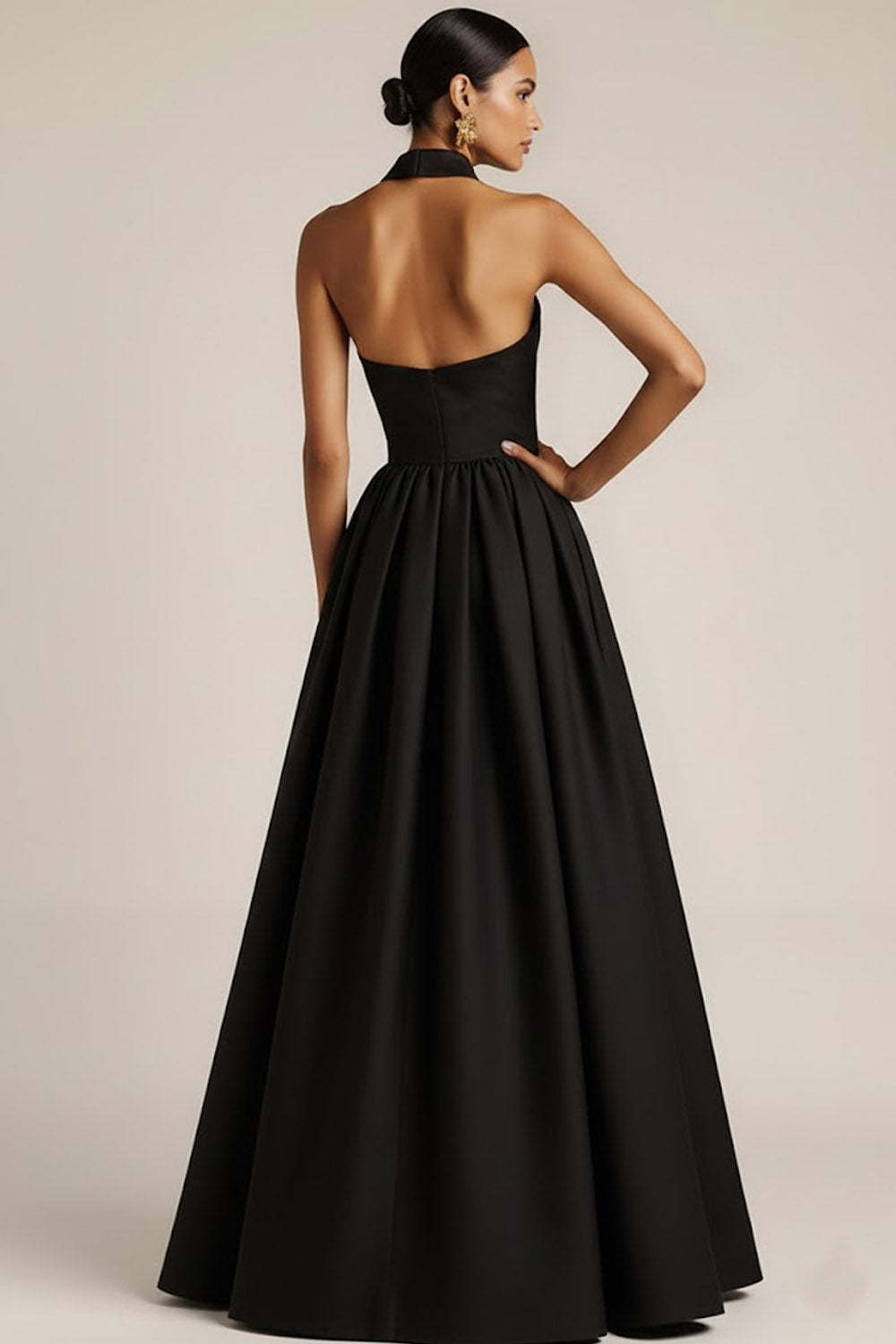Black Collar Neck A Line Backless Long Wedding Guest Dress with Buttons