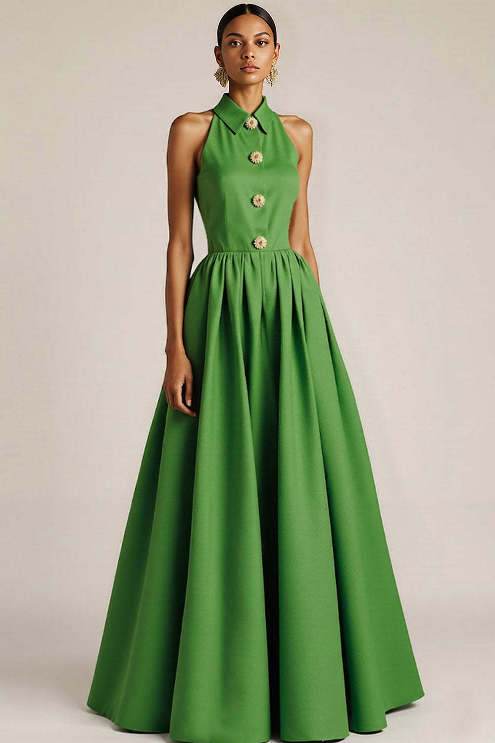 Leely Women Black Collar Neck Long Wedding Guest Dress A Line Backless Black Tie Dress with Buttons