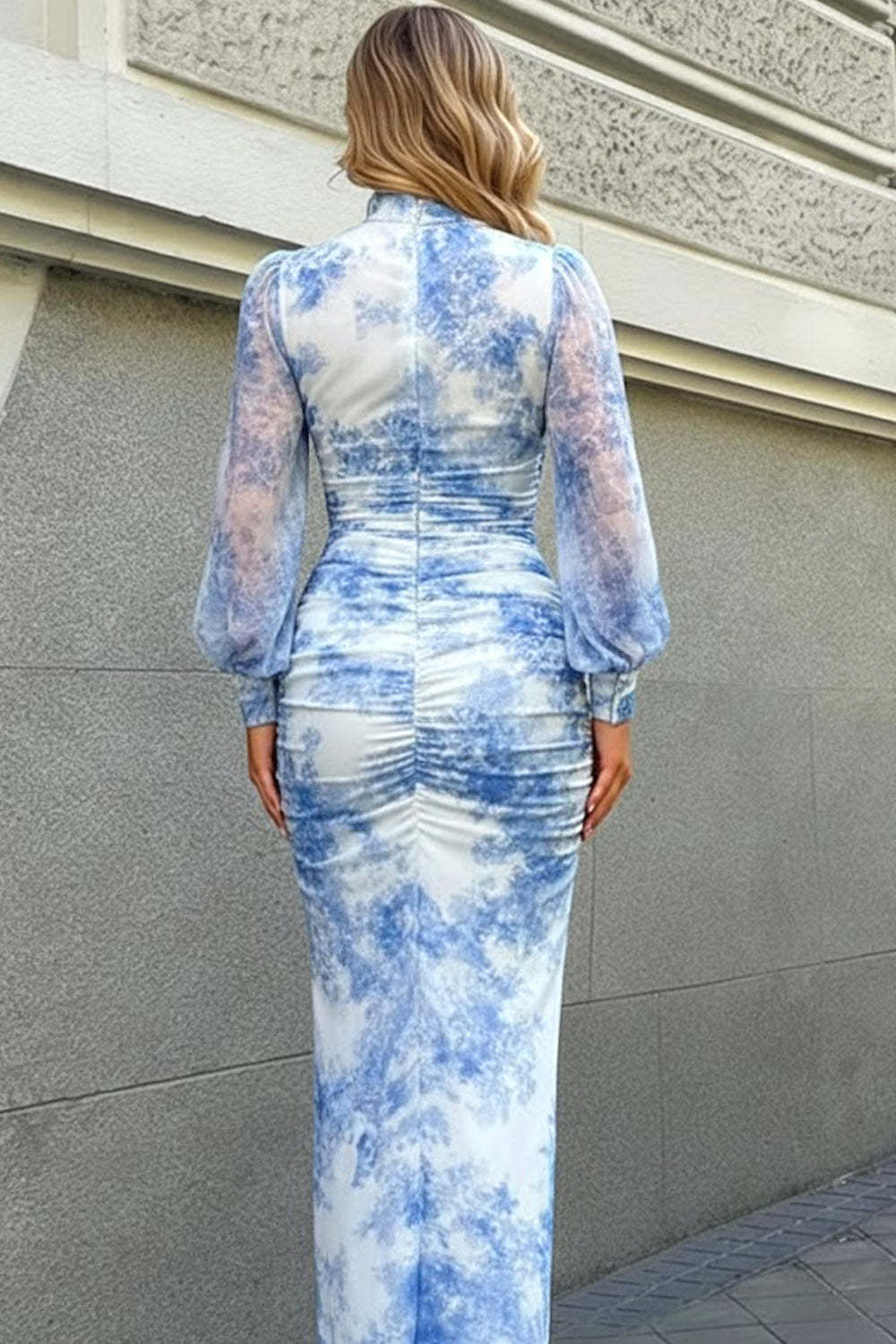 Blue High Neck Ruched Long Wedding Guest Dress with Sleeves