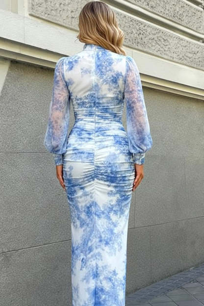 Blue High Neck Ruched Long Wedding Guest Dress with Sleeves