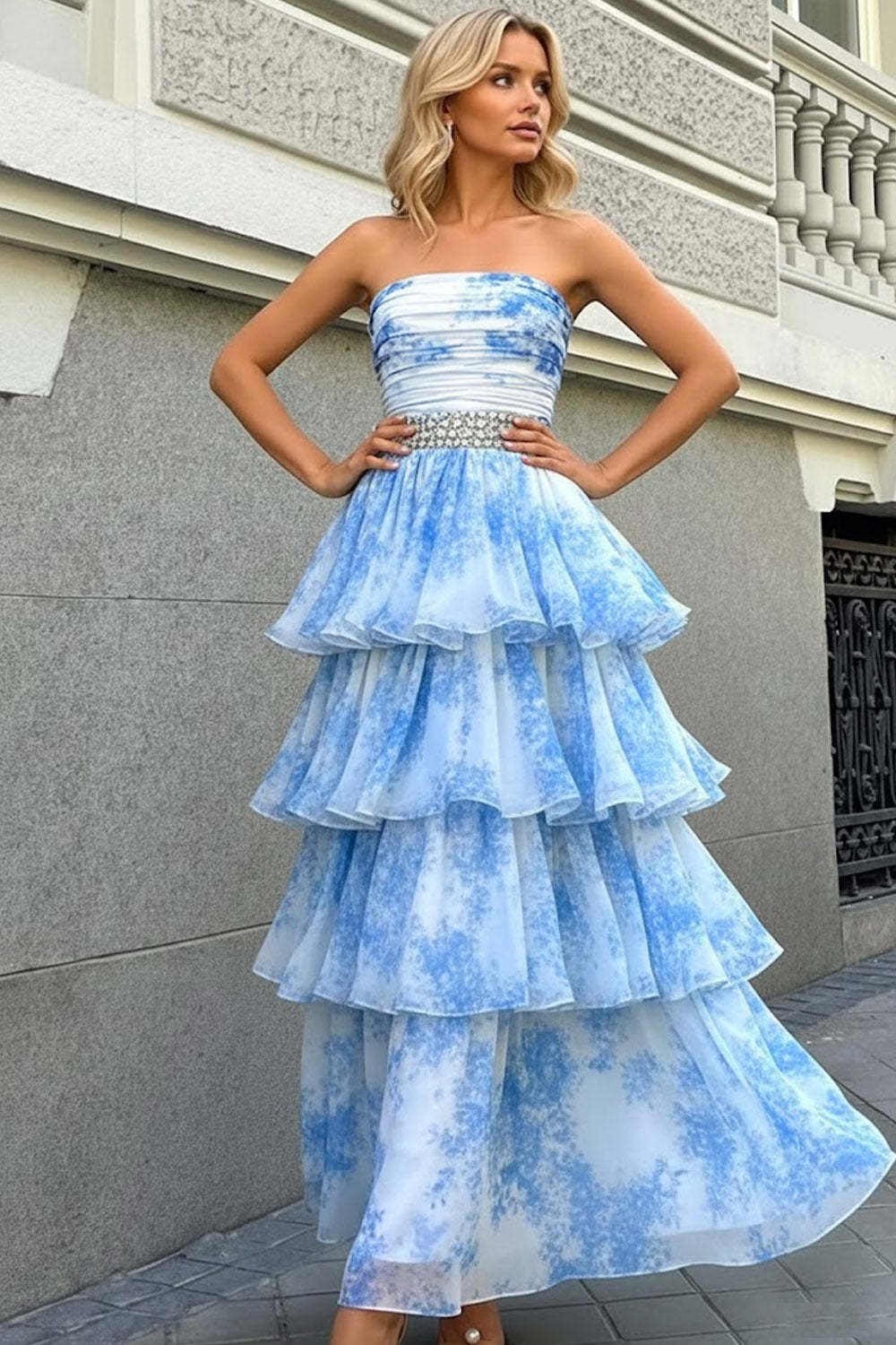 Leely Women Sparkly Blue Tiered Long Prom Dress with Ruffles Beaded Strapless A Line Pageant Dress