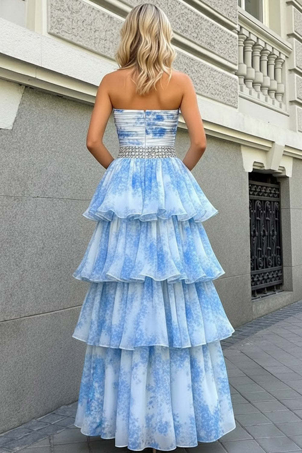 Blue Tiered Beaded Long Prom Dress with Ruffles