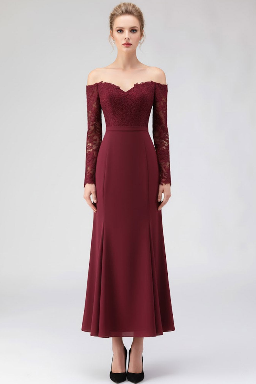 Leely Women Burgundy Long Sleeves Formal Dress with Lace Off the Shoulder Mermaid Chiffon Evening Dress