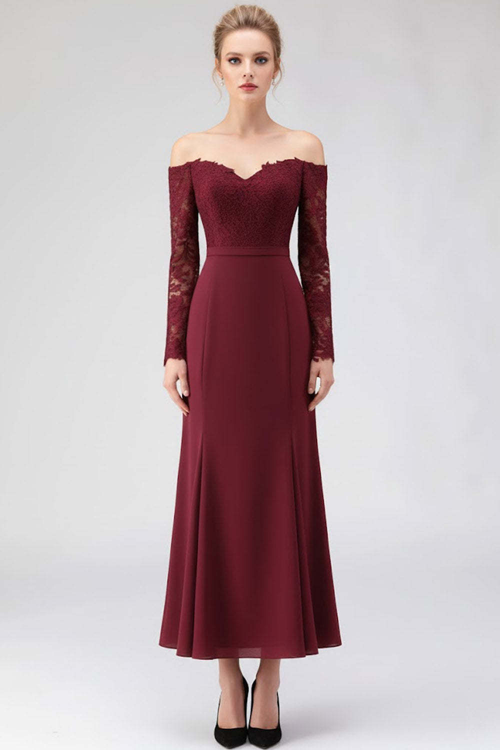 Leely Women Burgundy Long Sleeves Formal Dress with Lace Off the Shoulder Mermaid Chiffon Evening Dress
