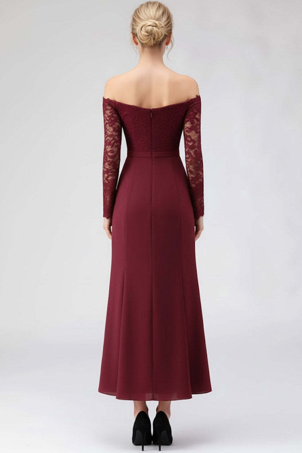 Burgundy Off the Shoulder Long Sleeves Formal Dress with Lace