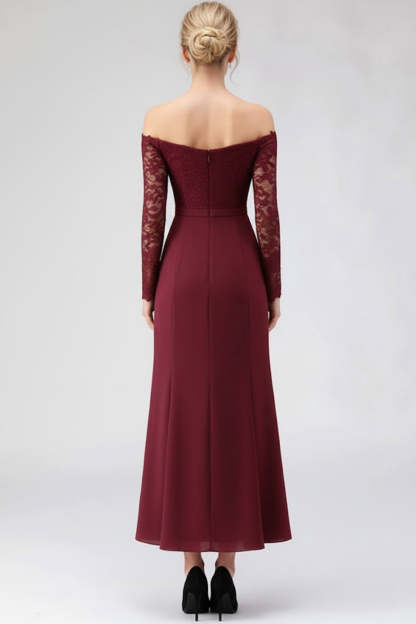 Burgundy Off the Shoulder Long Sleeves Formal Dress with Lace