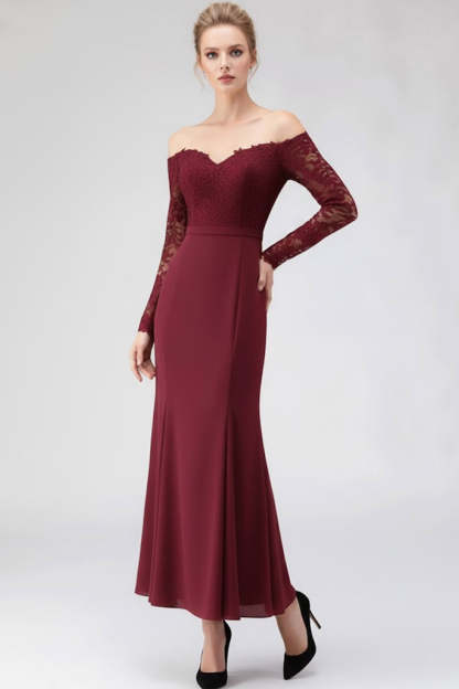 Burgundy Off the Shoulder Long Sleeves Formal Dress with Lace