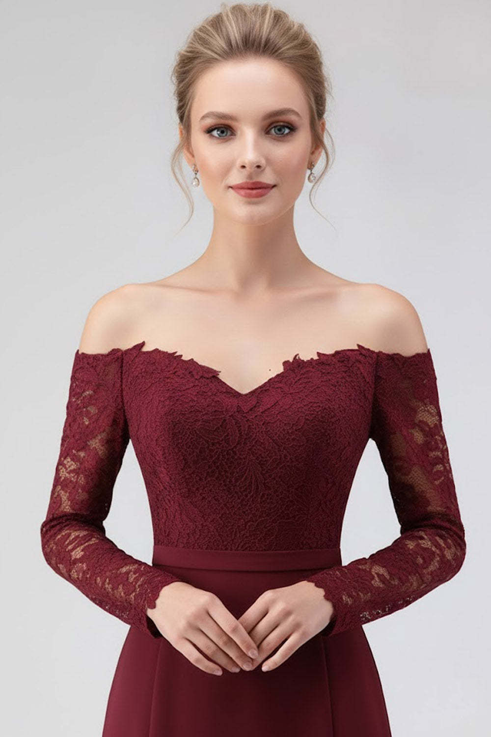 Burgundy Off the Shoulder Long Sleeves Formal Dress with Lace