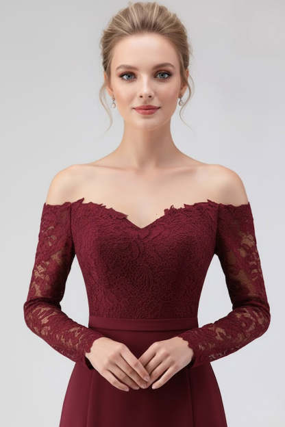 Burgundy Off the Shoulder Long Sleeves Formal Dress with Lace
