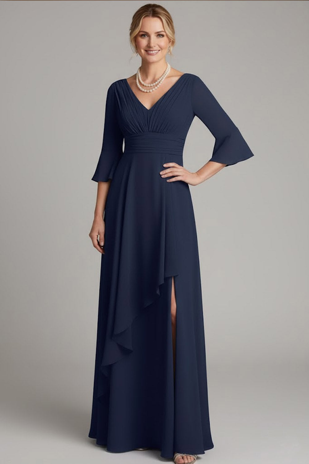 Navy A Line Long Chiffon Mother of the Bride Dress with Slit