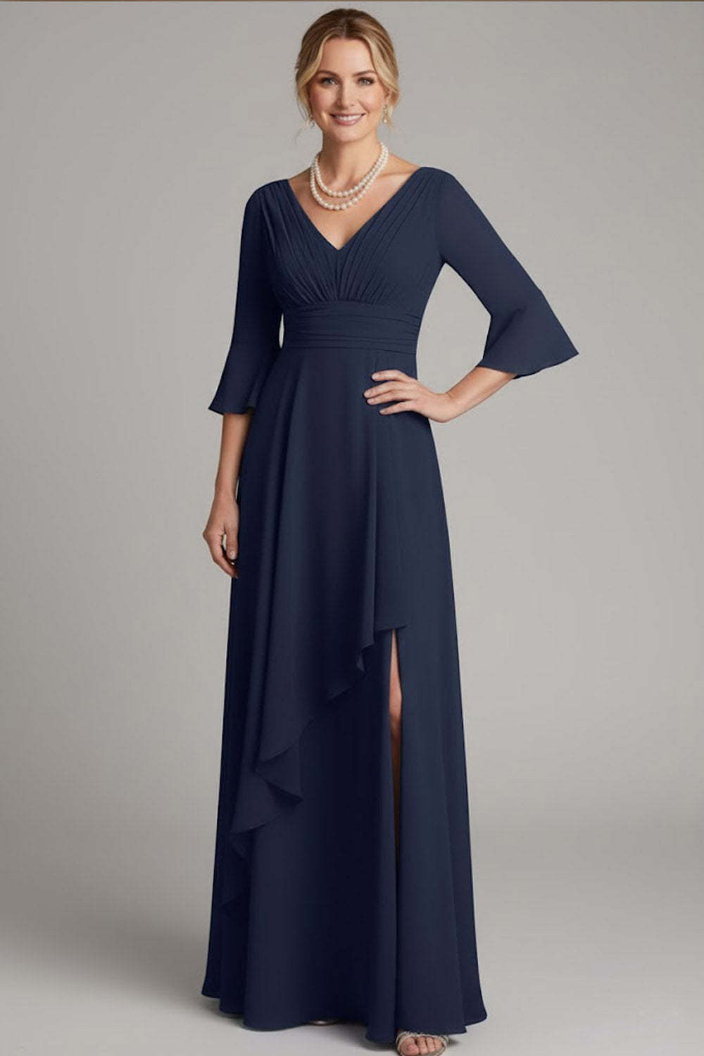 Navy A Line Long Chiffon Mother of the Bride Dress with Slit