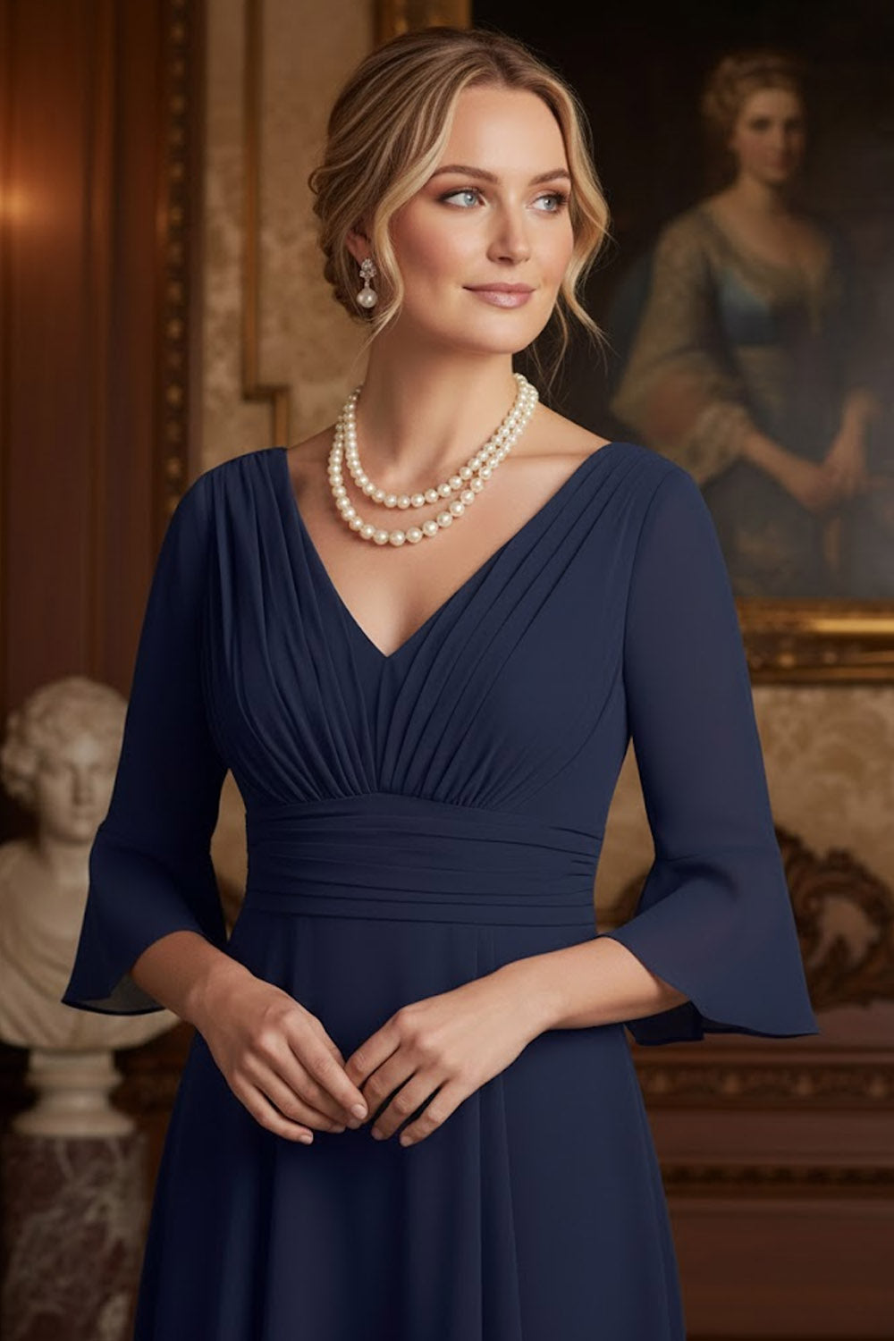 Navy A Line Long Chiffon Mother of the Bride Dress with Slit