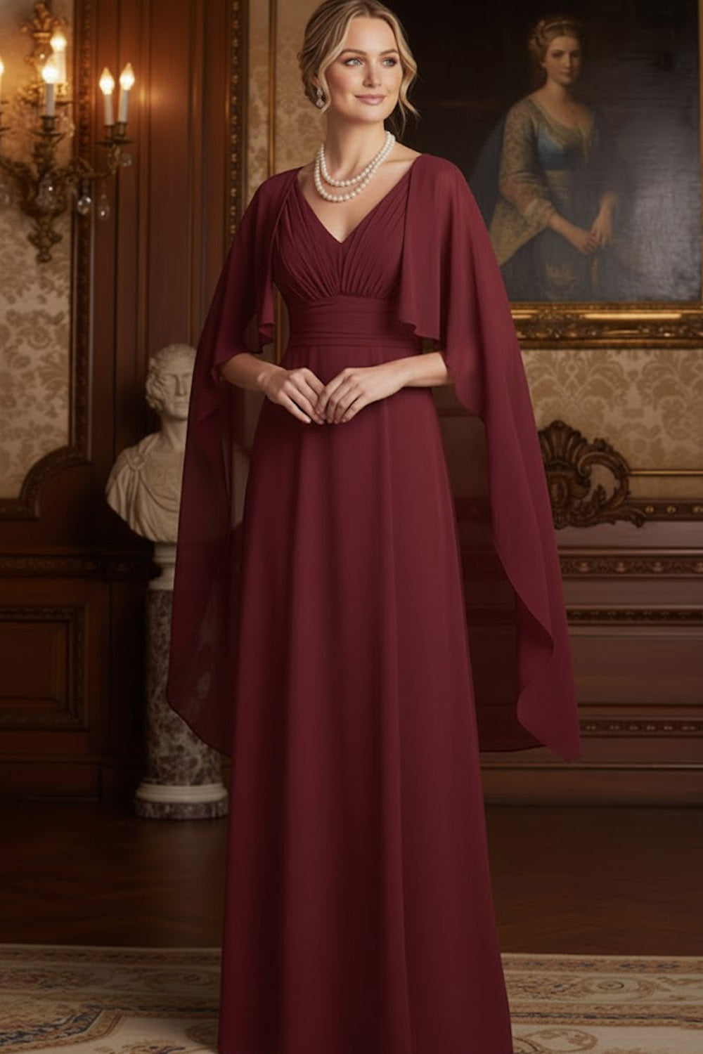 Elegant Burgundy A Line Chiffon Long Mother of the Bride Dress with Cape