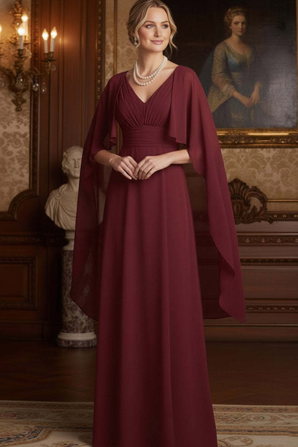 Leely Women Elegant Burgundy Chiffon Long Mother of the Bride Dress with Cape A Line V-Neck Wedding Guest Dress