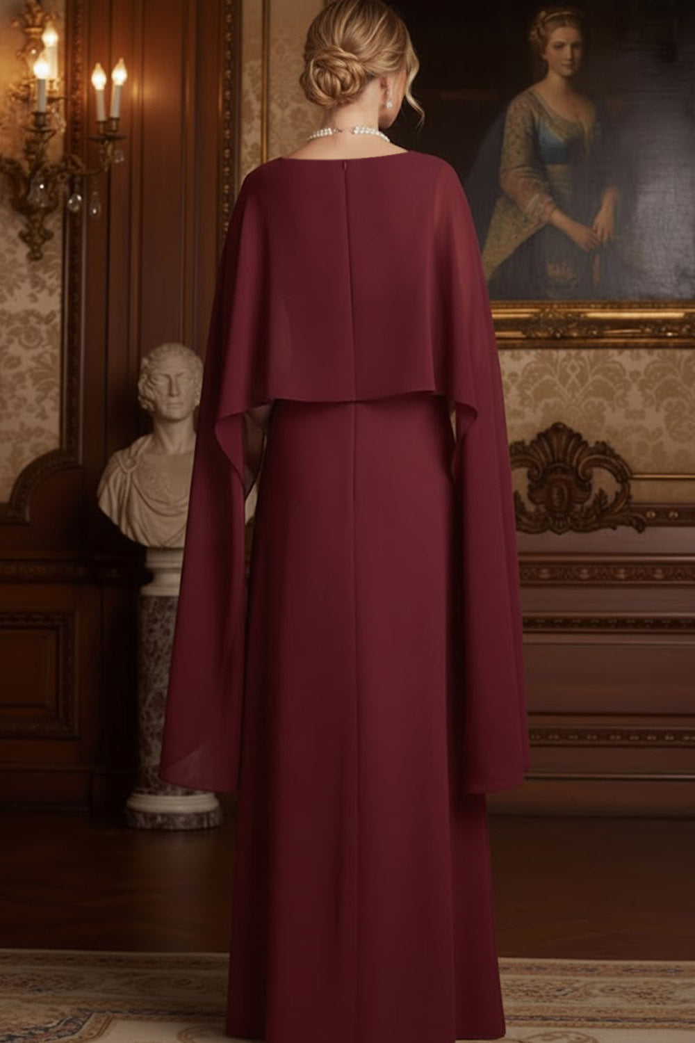 Elegant Burgundy A Line Chiffon Long Mother of the Bride Dress with Cape
