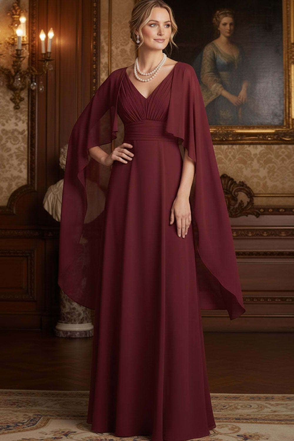 Elegant Burgundy A Line Chiffon Long Mother of the Bride Dress with Cape