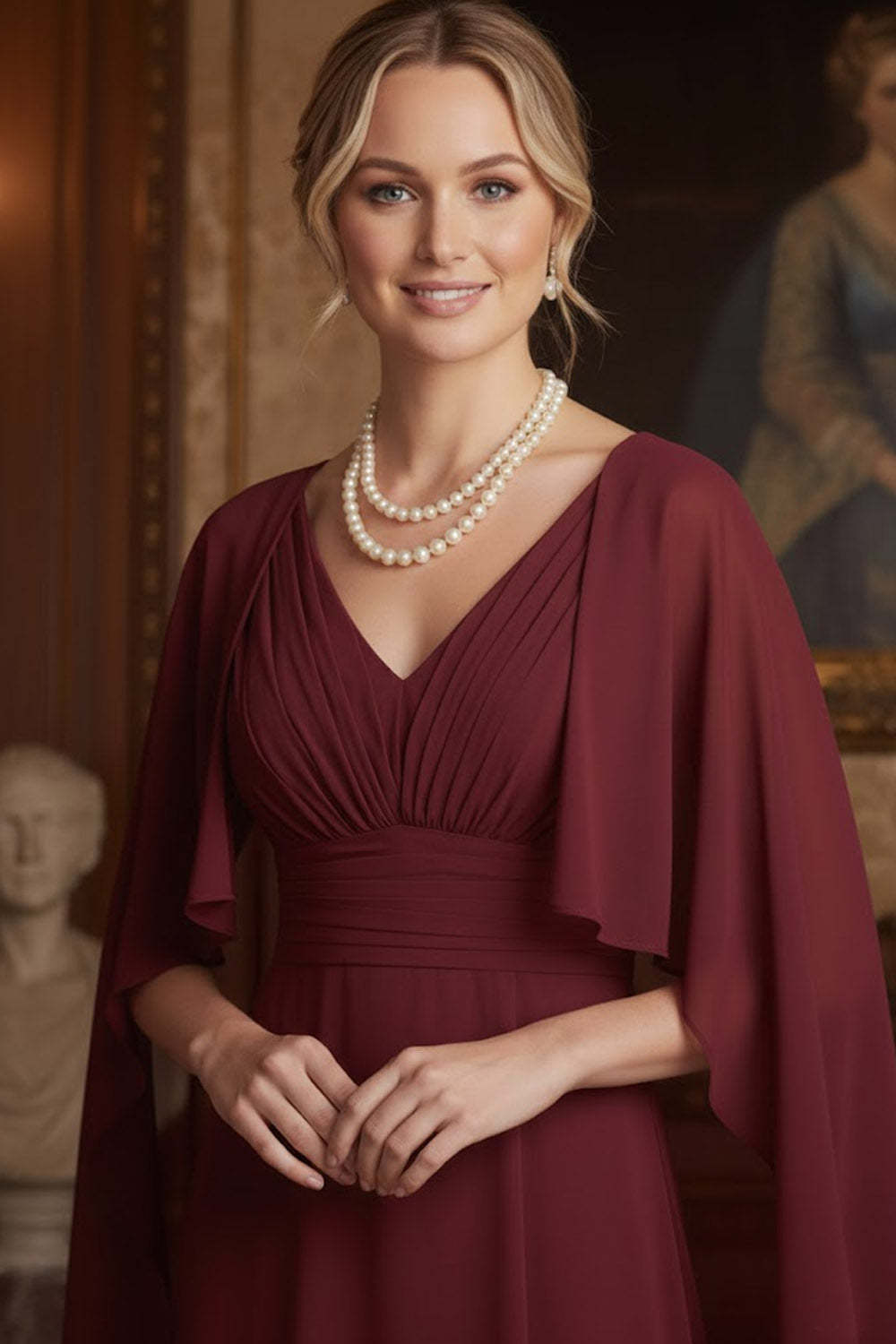 Elegant Burgundy A Line Chiffon Long Mother of the Bride Dress with Cape