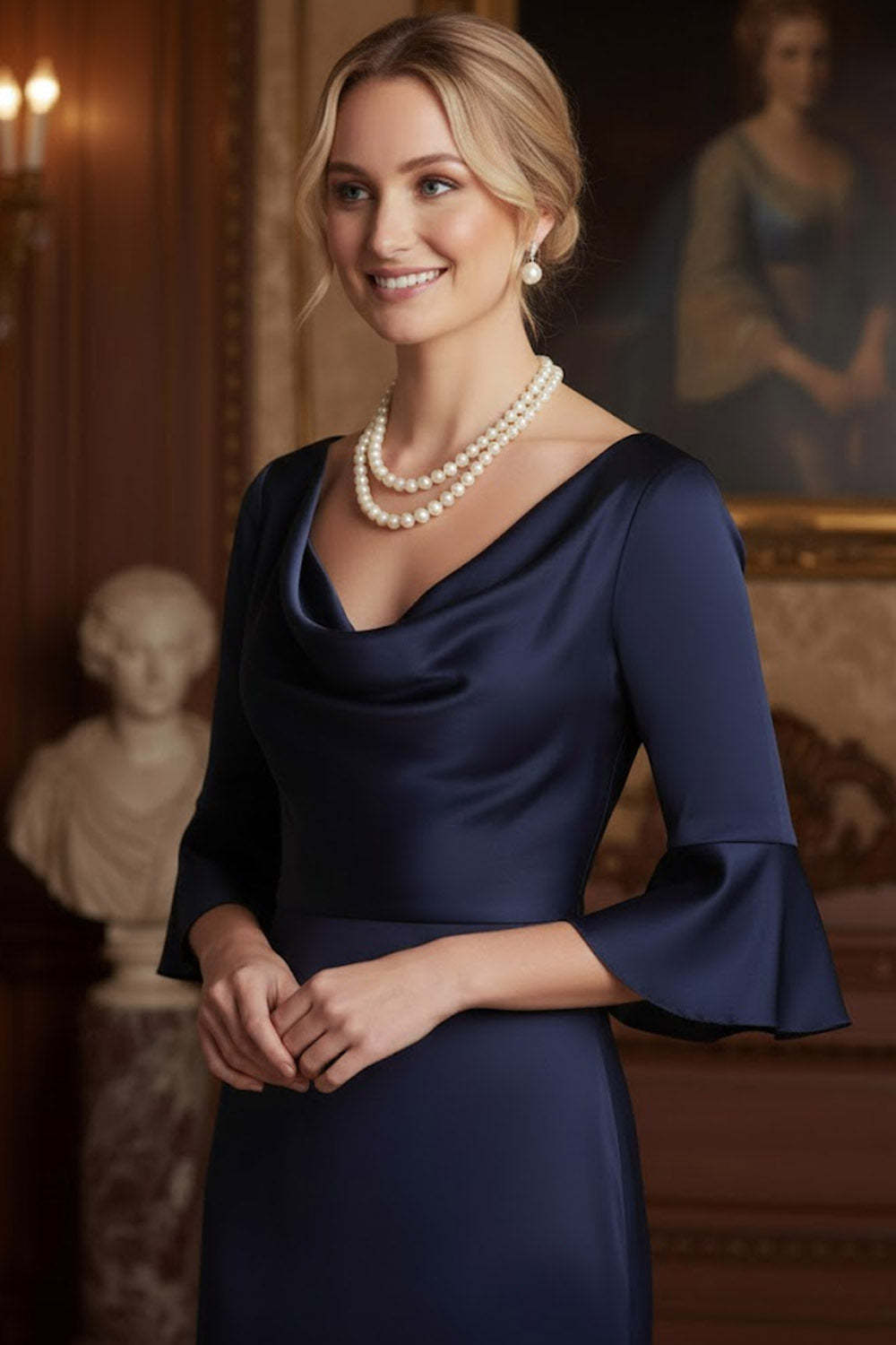 Navy Cowl Neck Sheath Satin Long Mother of the Brides Dress