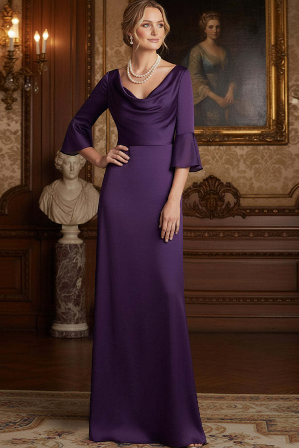 Leely Women Navy Cowl Neck Satin Long Mother of the Brides Dress Sheath Wedding Guest Dress with Sleeves