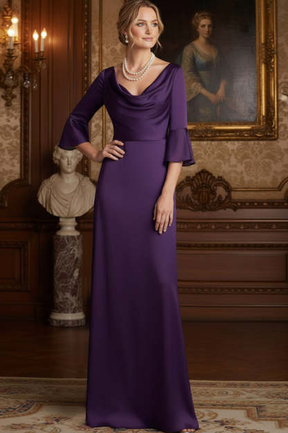 Leely Women Navy Cowl Neck Satin Long Mother of the Brides Dress Sheath Wedding Guest Dress with Sleeves