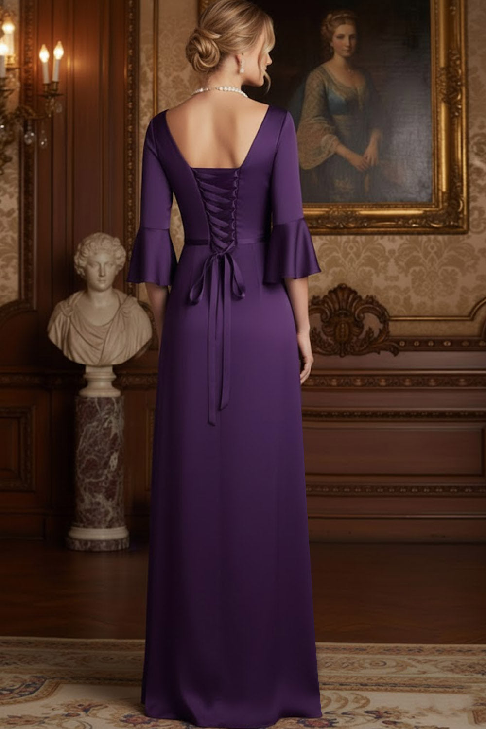 Navy Cowl Neck Sheath Satin Long Mother of the Brides Dress