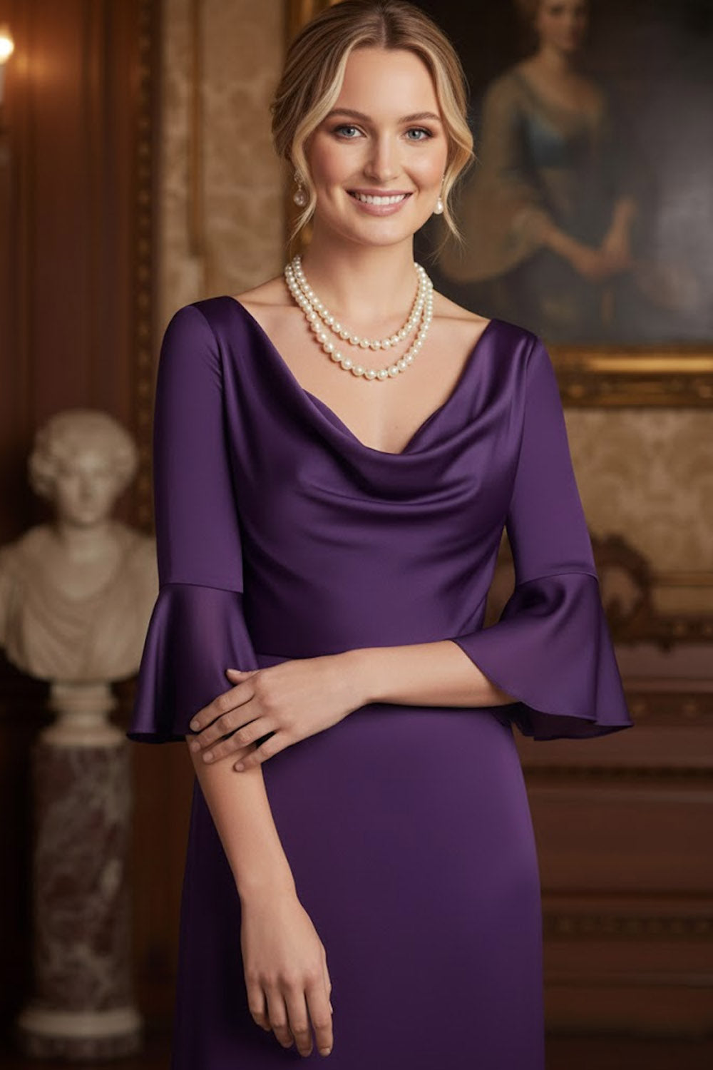 Navy Cowl Neck Sheath Satin Long Mother of the Brides Dress