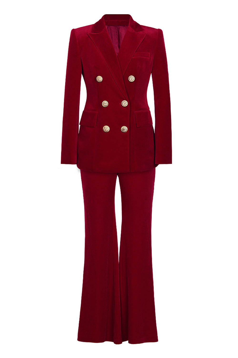 Leely Women Dark Red 2 Piece Business Suits with Sleeves Double Breasted Peak Lapel Work Pantsuits