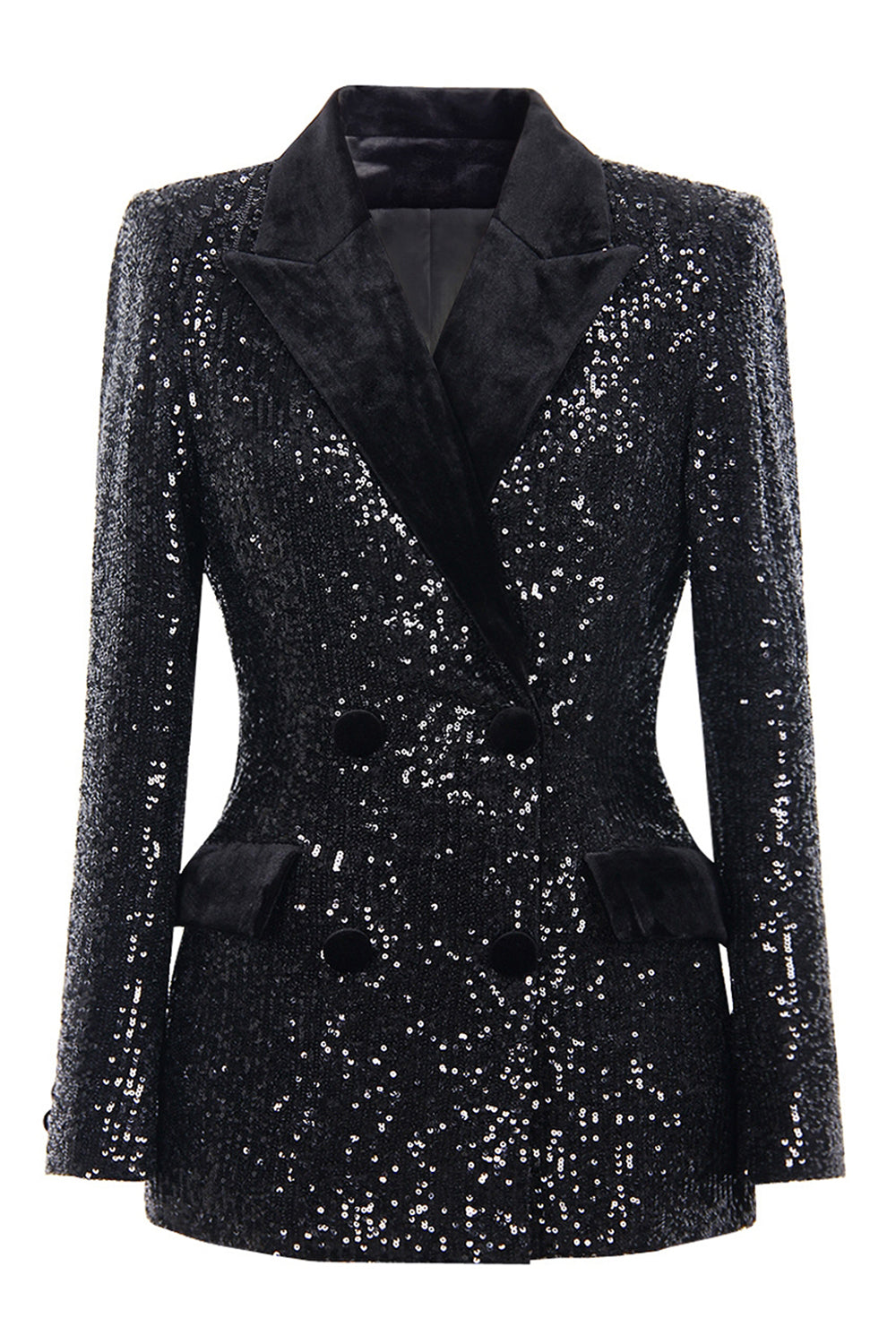 Sparkly Black Sequin Peak Lapel Women Prom Blazer with Sleeves