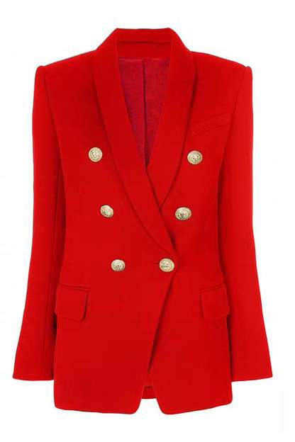 Leely Women Red Shawl Lapel Prom Blazer Long Sleeves Double Breasted Work Jacket