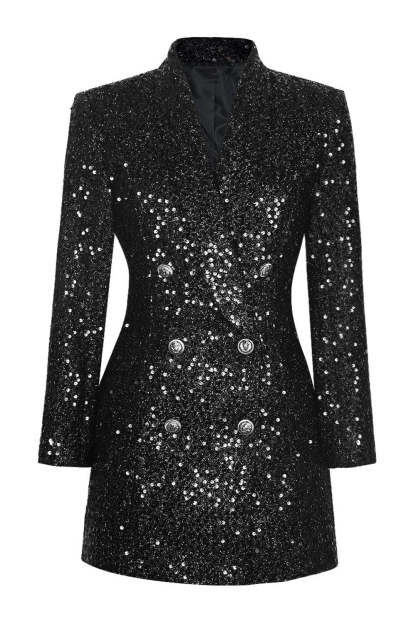 Leely Women Sparkly Black Sequin Prom Blazer Long Sleeves Shawl Lapel Double Breasted Party Jacket