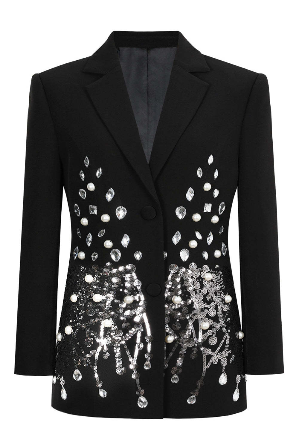 Leely Women Sparkly Black Sequin Prom Blazer with Rhinestones Notched Lapel One Button Party Jacket with Sleeves