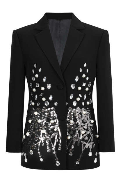 Leely Women Sparkly Black Sequin Prom Blazer with Rhinestones Notched Lapel One Button Party Jacket with Sleeves
