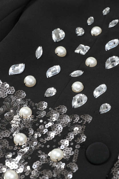 Sparkly Black Notched Lapel Sequin Women Prom Blazer with Rhinestones