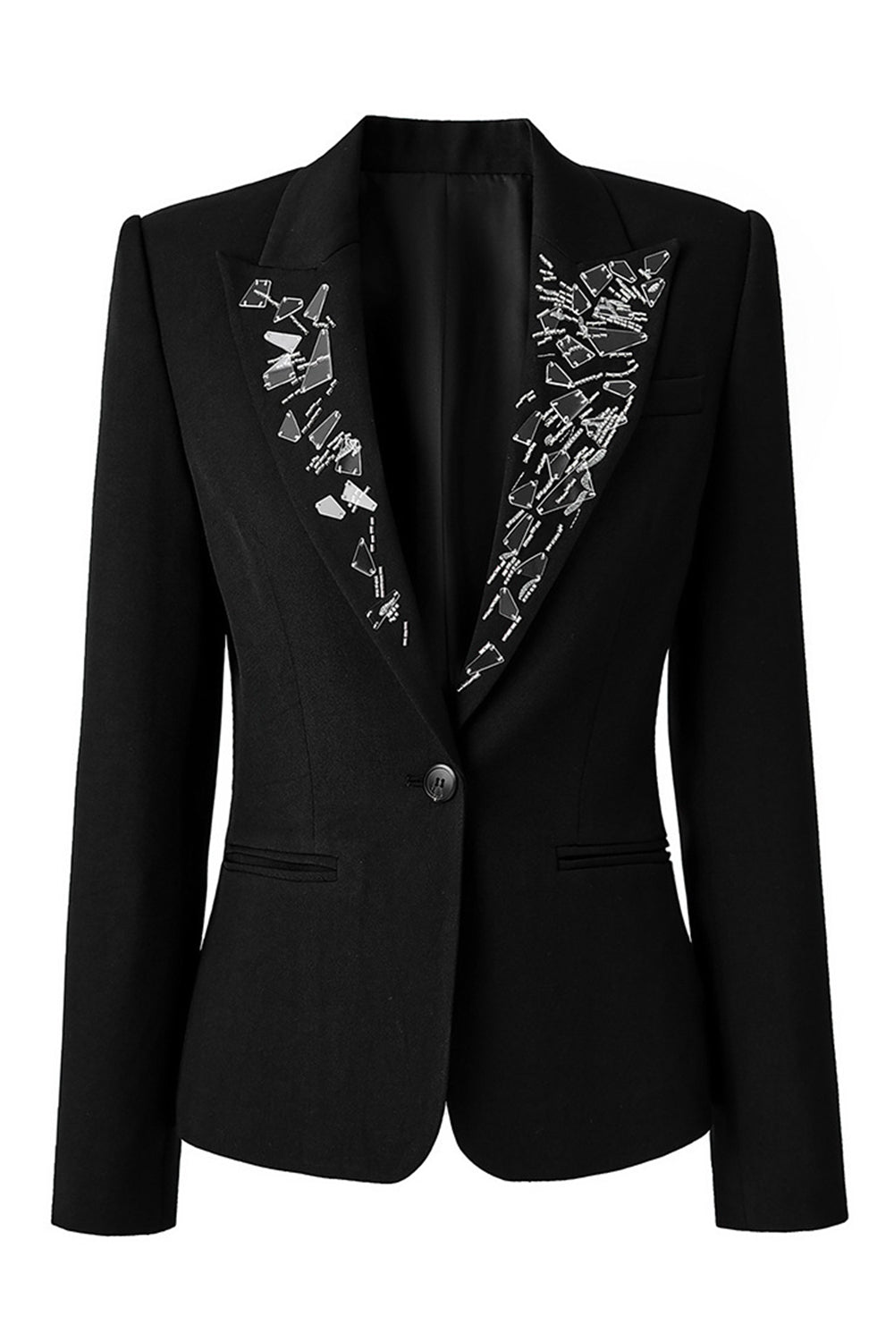 Leely Women Sparkly Black Beaded Prom Blazer Peak Lapel Single Breasted Party Jacket with Sleeves
