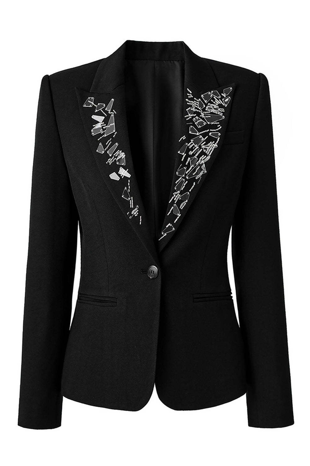 Leely Women Sparkly Black Beaded Prom Blazer Peak Lapel Single Breasted Party Jacket with Sleeves
