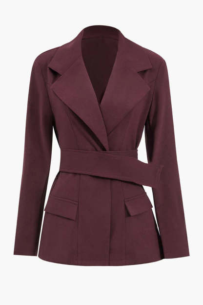 Leely Women Burgundy Long Sleeves Women Blazer Notched Lapel Work Jackets with Belt