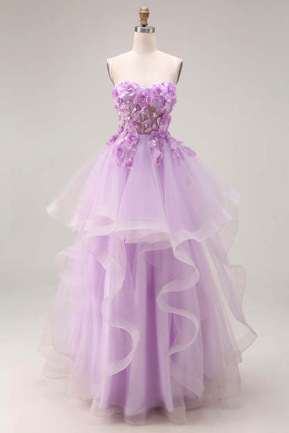 Leely Women Lilac Long Corset Tulle Prom Dress with 3D Flowers Spaghetti Ruffled Straps Lace Up Back Tiered Pageant Dress