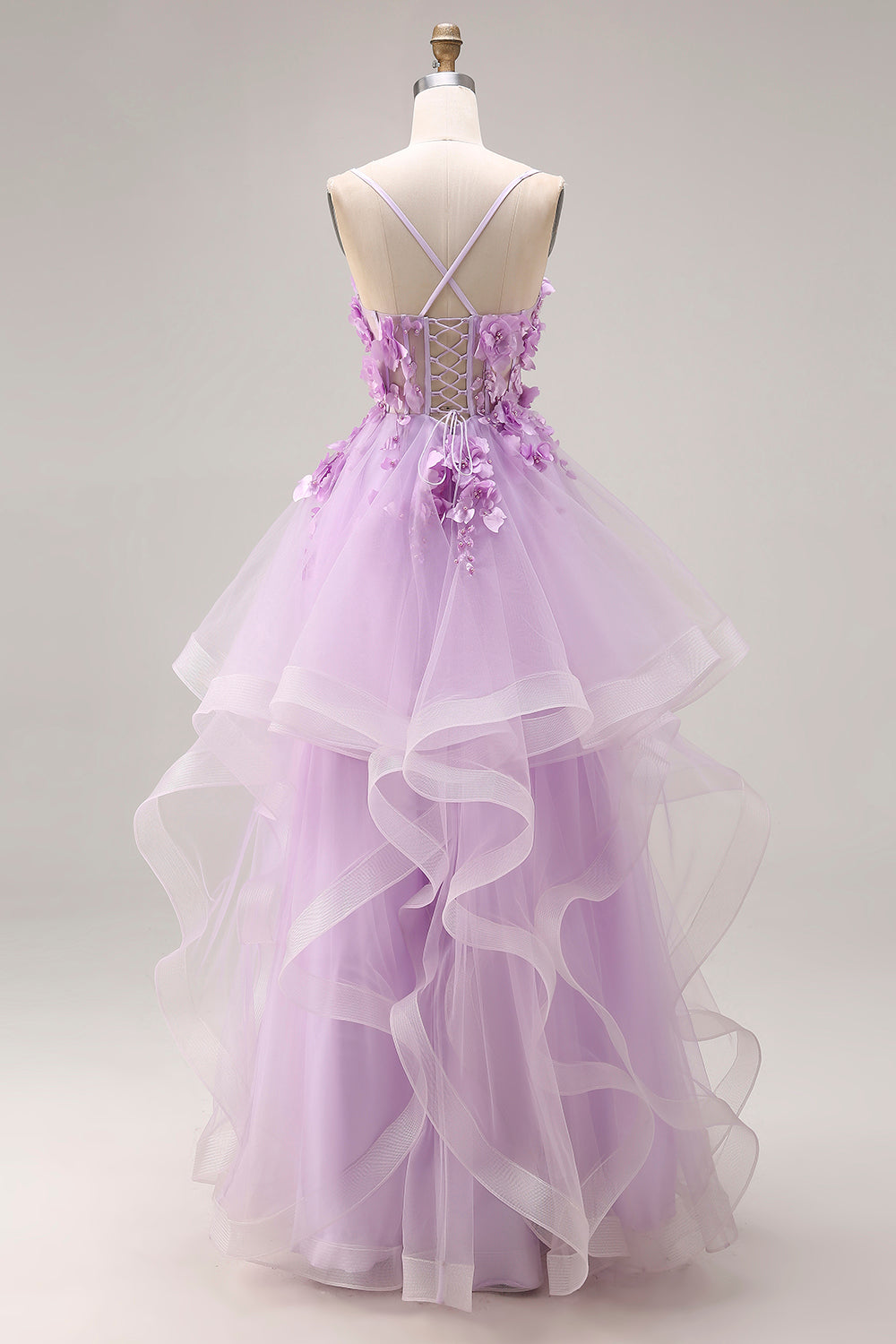 Lilac Ruffled Long Tulle Spaghetti Straps Corset Prom Dress with 3D Flowers