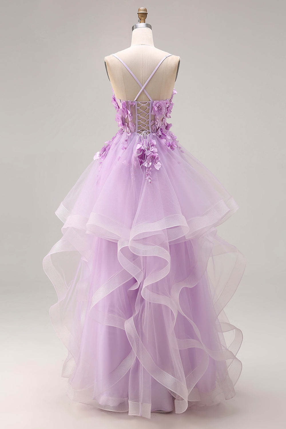 Lilac Ruffled Long Tulle Spaghetti Straps Corset Prom Dress with 3D Flowers