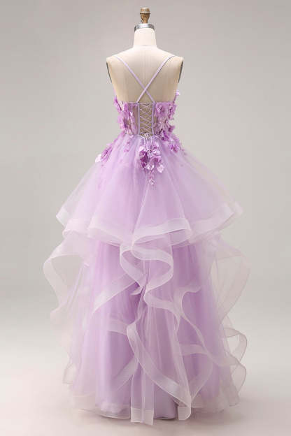 Lilac Ruffled Long Tulle Spaghetti Straps Corset Prom Dress with 3D Flowers