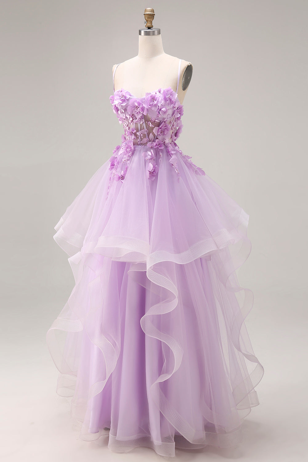Lilac Ruffled Long Tulle Spaghetti Straps Corset Prom Dress with 3D Flowers