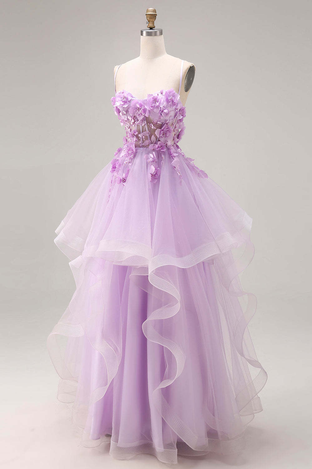 Lilac Ruffled Long Tulle Spaghetti Straps Corset Prom Dress with 3D Flowers