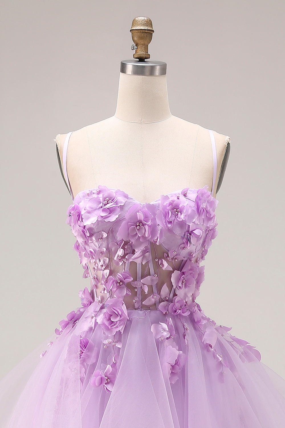 Lilac Ruffled Long Tulle Spaghetti Straps Corset Prom Dress with 3D Flowers